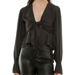 Wayf Black Checkered Blouse with Tie-Front size XL
